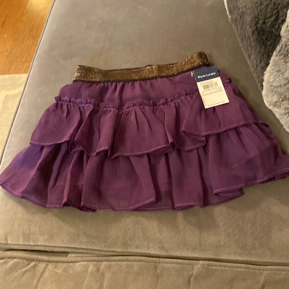 Ralph Lauren Girls' Purple Tiered Ruffle Skirt with Gold Waistband